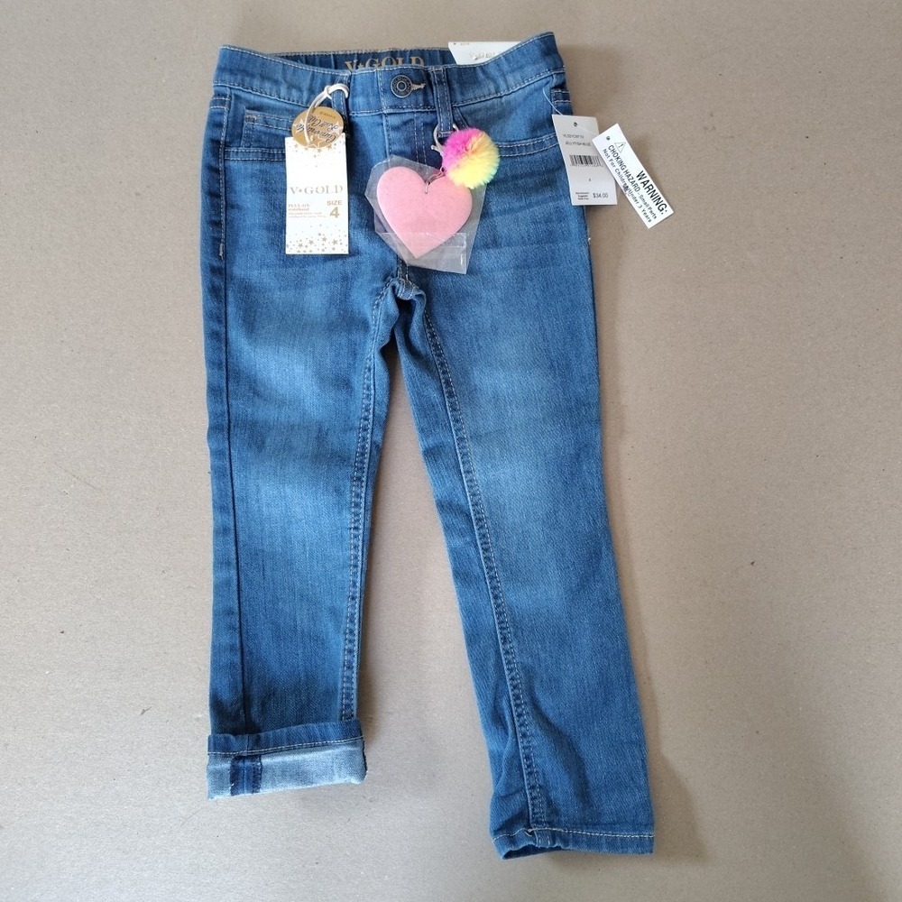 Girls Pull-On Waistband Skinny Jeans Size 4 Convertible Roll Cuff Blue V Gold